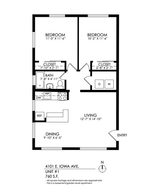 A floor plan for a basement apartment with two bedrooms, a living room, dining room, bathroom, and a reference room.